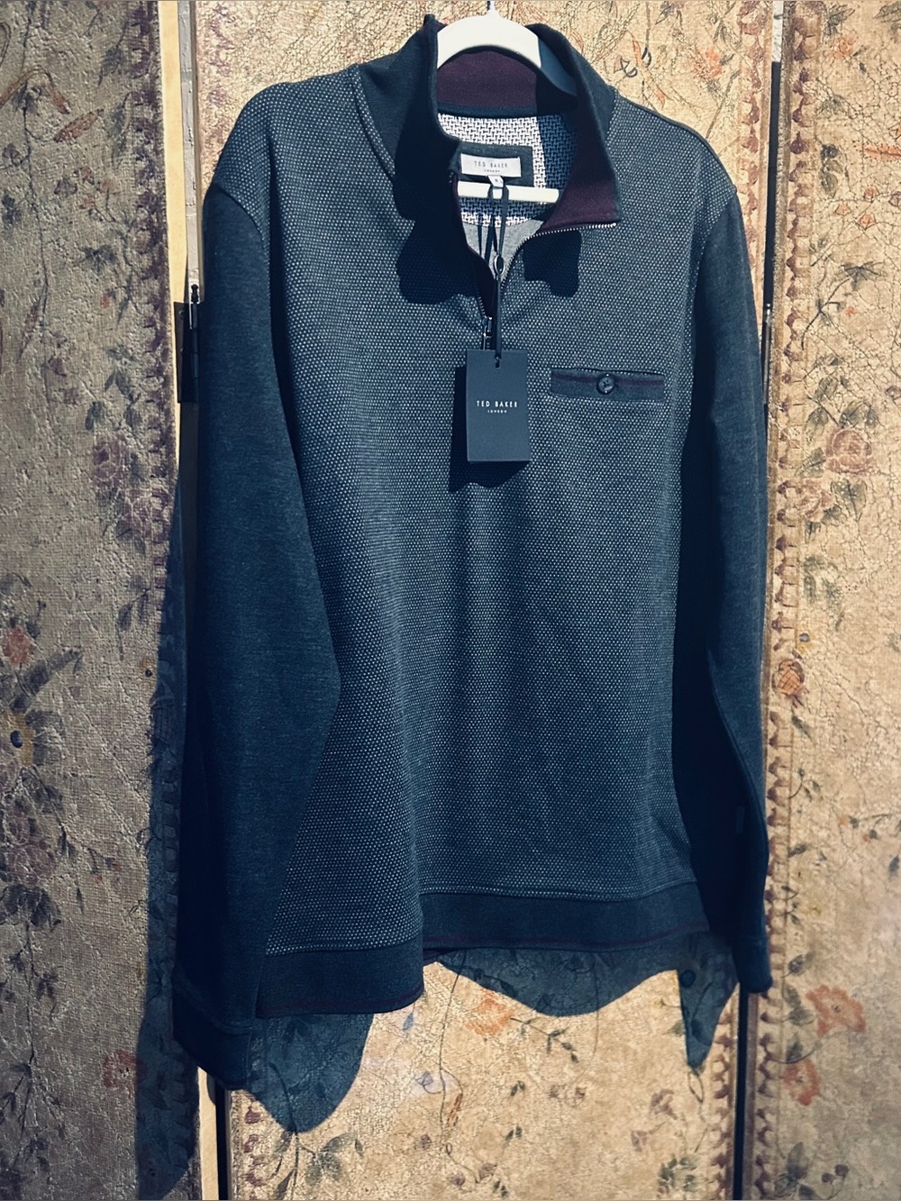 Ted Baker Men's Dark Grey Half-Zip Textured Pullover Size 6/XL